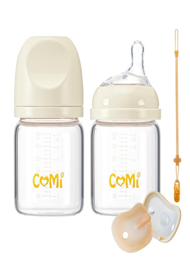 COMI Natural Glass Baby Bottles for Breastfeeding Babies,Newborn Anti-Colic Baby Bottle Set with Slow Flow Nipple,0-3 Months,BPA-Free,6 oz,2 Pack - Image 1